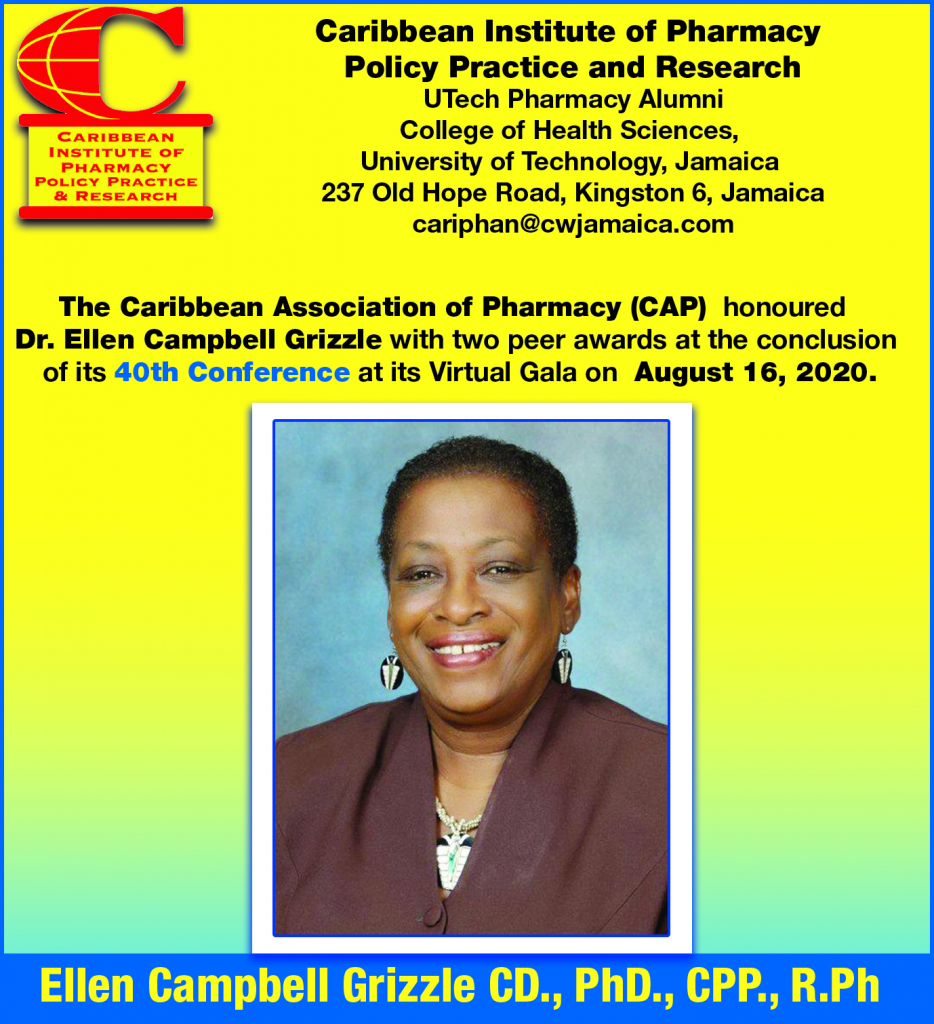 Ellen Campbell Grizzle honoured by Caribbean Institution of Pharmacy Policy Practice and Research